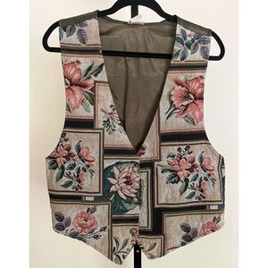 Vintage 90s Floral Tapestry Vest Framed Tan Coral Pink Green Lily Women's XL